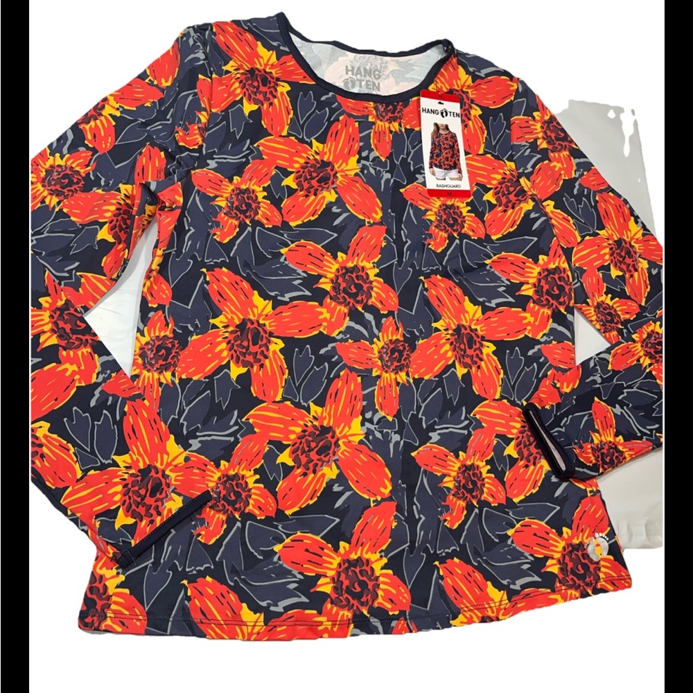NEW Hang Ten ORANGE GRAY FLORAL Women’s RashGuard Zip BACK Pocket 50+ Protect, M